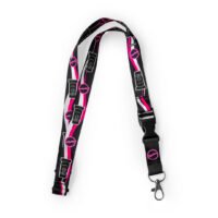 Lanyard oficial de Cocoloco con diseño negro, rosa y blanco, cierre de seguridad y mosquetón metálico.